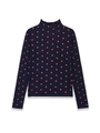 Detailed close-up of dark blue knit top featuring red heart patterns and high neckline - S / Navy Blue