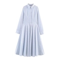Klassisches blau-weiß gestreiftes Langarm-Hemdkleid mit plissierter Taille für Damen - XS / Blau-weiß gestreift