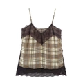 Minimalistisches Camisole-Top mit Karomuster, schwarzer Spitze und Trägern - XS / Braunes Karo