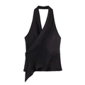Elegant black satin halter wrap top with a silky texture and crossover V-neckline design - XS / Black