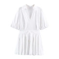 Elegantes weißes Hemdkleid mit V-Ausschnitt, Puffärmeln und Kordelzug an der Taille - XS / Weiß