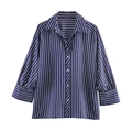 Klassisches blau-weiß gestreiftes Langarmhemd mit Puffärmeln und weißen Knopfdetails - XS / Gestreift