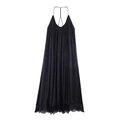 Robe longue dos nu en satin noir avec détails raffinés de bordure en dentelle de cils - XS / Noir