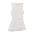 Women's cream rib knit sleeveless tank top with side ruching and asymmetric lace trim - XS / Faded Finish
