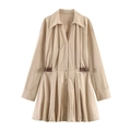 Khaki Langarm-Hemdblusenkleid mit Taillenfalten und dekorativen seitlichen Schnallen - XS / Khaki