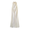 Elegantes ärmelloses cremefarbenes Satin-Halterkleid mit Wasserfallausschnitt - XS / Gebrochenes Weiß