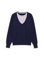 Detail view of the ribbed cuffs and layered two-piece design on this navy knit sweater - S / Dark Blue