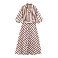 Elegant striped midi shirt dress with button front, puff sleeves and a belted waistline - XS / Brown and White Striped (Picture Color)
