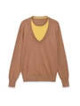 Detail of layered knit sweater featuring brown V-neck over a vibrant yellow crew neck collar - S / Amber