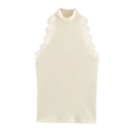 Sleeveless rib-knit tank top with high neck and delicate lace trim in beige - S / Off White