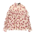 Elegant floral chiffon blouse with tiered ruffles and vintage rose print pattern - XS / Beige Floral