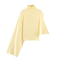 Pale yellow high neck knit top featuring unique asymmetric sleeves and modern draped fit - XS / Yellow
