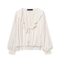 Elegante blusa de satén blanco crema con cuello en V, volantes y cintura con cordón - XS / Blanco lechoso