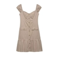 Robe midi kaki minimaliste avec boutons, manches volantées et ourlet à volants superposés - XS / Khaki Clair