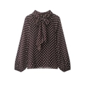 Elegante blusa de gasa marrón café con lunares, manga larga y cuello alto con lazo - XS / café