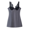 Vestido ajustado gris y negro con escote en V, ribete de encaje y tirantes finos suaves - S / Gris Negro Patchwork