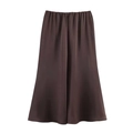 Detailed view of dark brown acetate satin midi skirt with silk texture and elastic waist - Dark Coffee