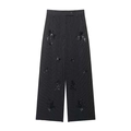 Pantalon large à rayures taille haute élégant avec broderie florale à paillettes - S / Bottoms