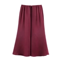 Detailed view of burgundy satin midi skirt featuring elastic waist and silky texture - Burgundy