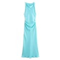 Vestido midi minimalista de satén azul claro con cuello halter sin mangas y brillo fino - XS / Azul lago