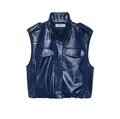 Veste en similicuir bleu marine brillant avec col montant et poches de poitrine - XS / Hauts