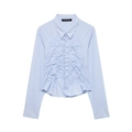 Camisa de popelina azul claro de manga larga con parte frontal fruncida y dobladillo - XS / Azul claro