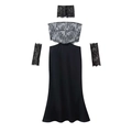 Elegantes schwarzes Satin-Maxikleid mit Spitze, Rückenausschnitt, Halsband und Ärmeln - S / Schwarz