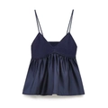 Top da donna blu scuro in maglia con scollo a V, patchwork in raso e bordo a pieghe - S / Blu navy