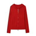 Damen Kapuzenstrickjacke in Rot mit Zopfmuster, Doppelreißverschluss und langen Ärmeln - S / Rot