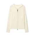 Damen Strickjacke mit Kapuze in Creme, Zopfmuster und doppeltem Reißverschluss-Detail - S / Weiß
