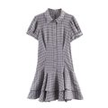 Robe courte à carreaux pour femmes avec manches courtes et ourlet à volants superposés - XS / Grille Gris