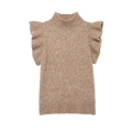 Chaleco de punto para mujer en caqui con volantes en los hombros y cuello alto - S / Caqui
