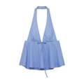 Blue and white striped halter neck top with bow tie and flared hem for summer - XS / Sky Blue Plaid