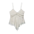 Women's V-neck camisole top with lace trim and ruched details in light grey fabric - XS / Light Gray