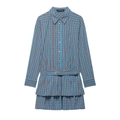 Blau-braun kariertes Langarm-Minikleid mit Reverskragen und gestuftem Rüschensaum - XS / Hellblau Karriert