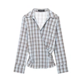 Minimalist plaid long sleeve wrap shirt with cross-front button design and lapel collar - XS / Light Blue Plaid