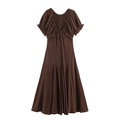 Dunkelbraunes Midi-Kleid mit kurzen Puffärmeln und rückenfreiem Schnür-Design für Damen - XS / Dunkelbraun