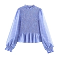 Chemise rayée bleu clair pour femmes avec smocks, col volanté et ourlet à basque - XS / Bleu