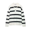 Pull en tricot à rayures noires et blanches à manches longues et col en V polo pour femme - S / Patchwork Noir et Blanc