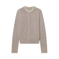 Elegant round neck knit cardigan with white lace trim and long sleeves in light brown - S / Khaki