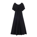 Schlichtes schwarzes Midi-Kleid mit Puffärmeln und V-Ausschnitt zum Schnüren - XS / Schwarz