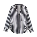 Camisa de rayas de manga larga para mujer con cuello de solapa y cordón ajustable - XS / Rayas Blancas y Negras