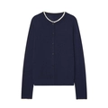 Detailed close-up of navy knit cardigan featuring white scalloped lace trim collar - S / Navy Blue