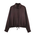 Dames satijnen shirt in chocoladebruin met trekkoord in de zoom en zijdeglans look - XS / koffiekleur
