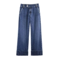 Classic dark blue wide leg straight jeans with double button waist and cuffed hem - XS / Dark Blue