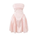 Elegant pale pink satin strapless mini dress with pleated bust and slim fit waistline - S / Pink