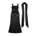Elegante zwarte satijnen slipdress met korset baleinen en bijpassende sjaal set - S / Zwart