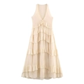 Elegante vestido midi beige con cuello halter en V, volantes a capas y cordón ajustable - XS / Albaricoque