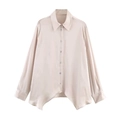 Elegant beige satin long sleeve shirt with asymmetrical hem and glossy finish - XS / Champagne