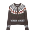 Western style brown jacquard knit cardigan with horse and cactus patterns - S / Brown